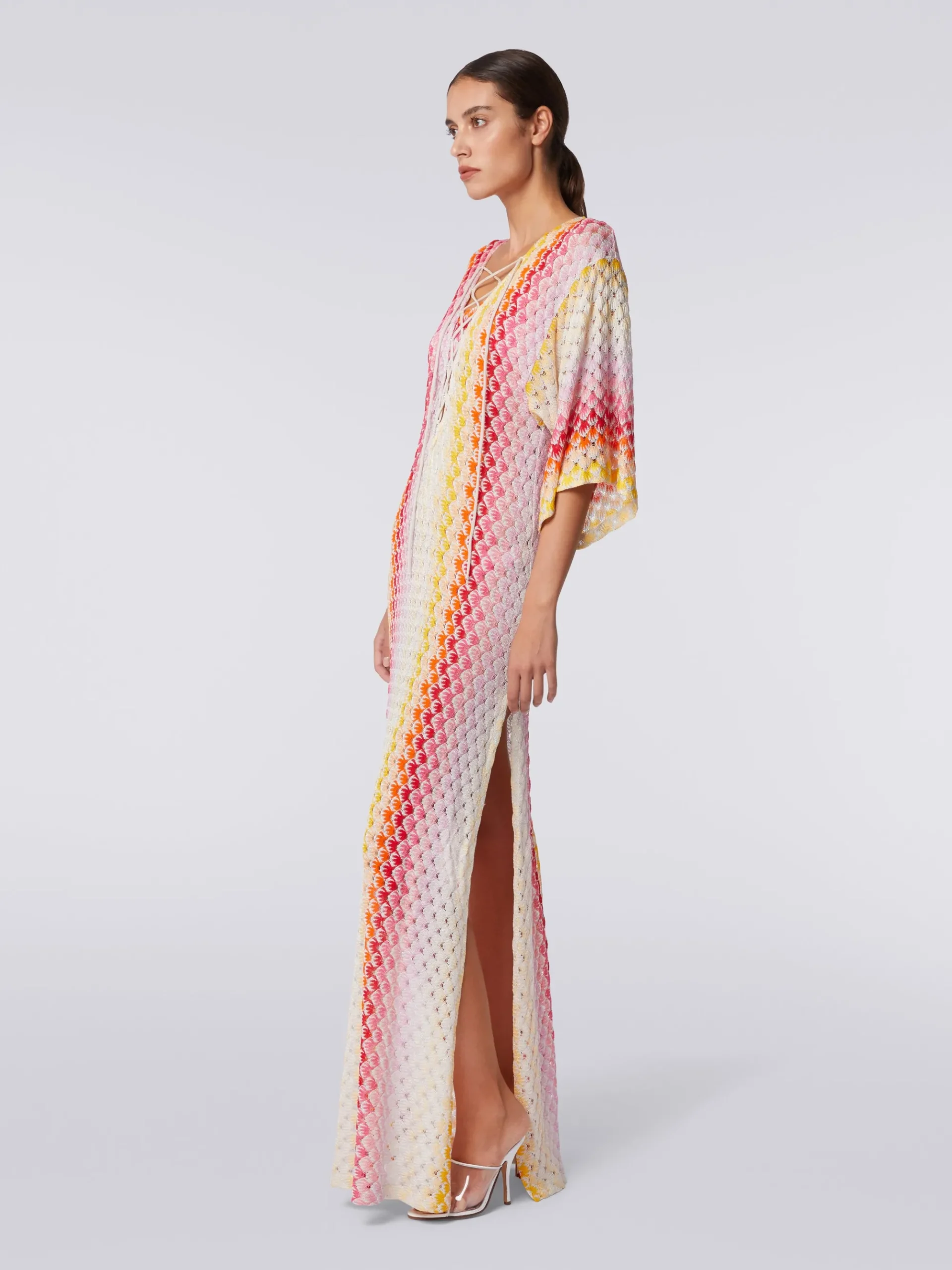 Long dégradé lace-effect cover up kaftan with lurex
