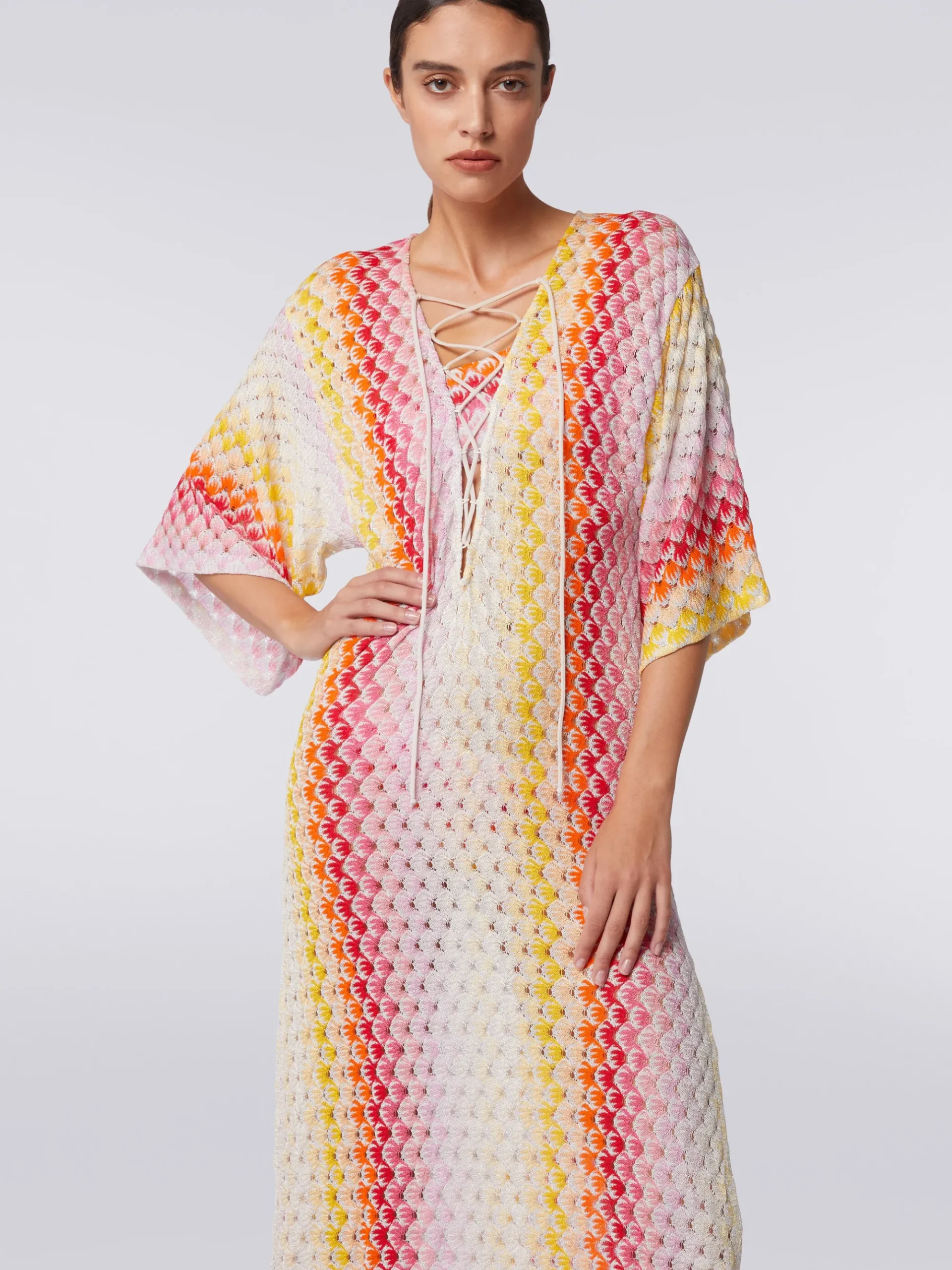 Long dégradé lace-effect cover up kaftan with lurex
