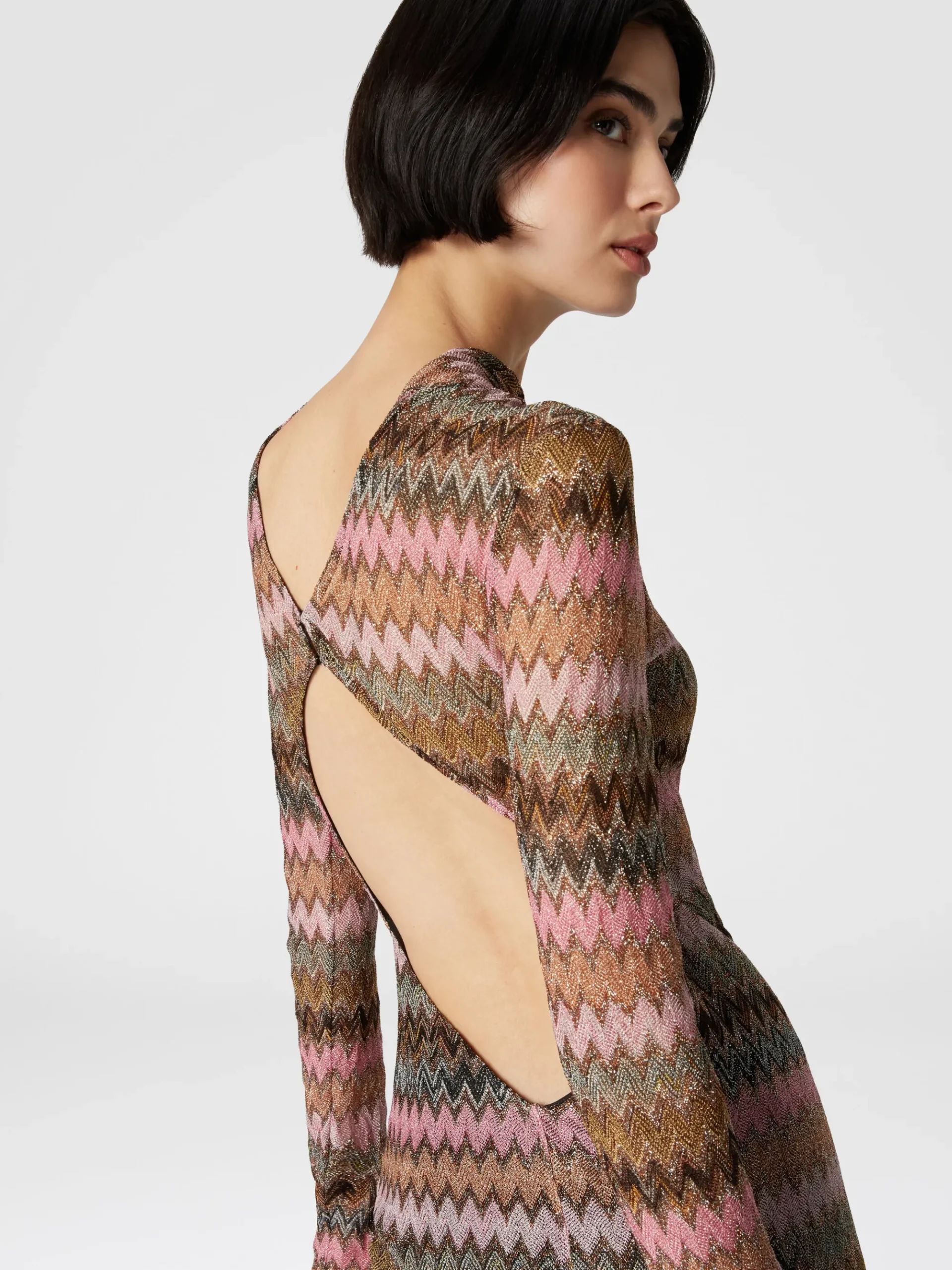 Long dress in chevron viscose and lurex with cut-out detail