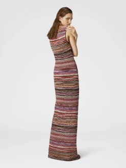 Long dress in lamé viscose with wave motif