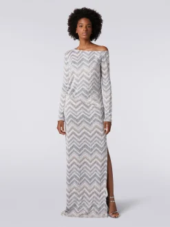 Long dress in zigzag knit with sequin appliqué