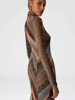 Long dress with flared hem and mock neck with zip