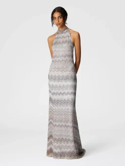 Long dress with halter neckline in lamé viscose blend