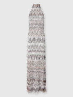 Long dress with halter neckline in lamé viscose blend