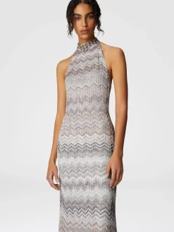 Long dress with halter neckline in lamé viscose blend