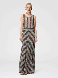 Long flared skirt with lamé slub zigzag motif