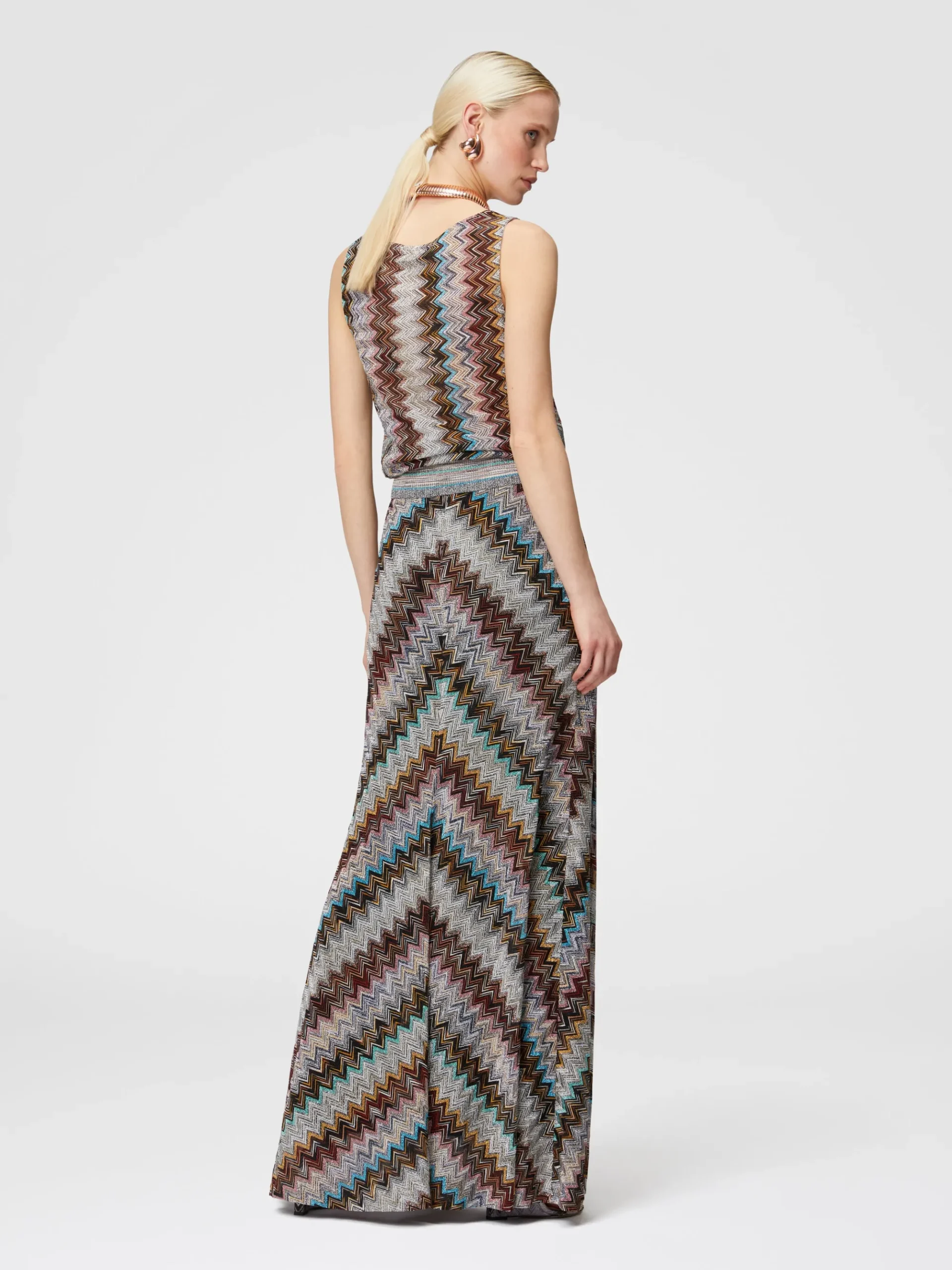 Long flared skirt with lamé slub zigzag motif