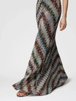 Long flared skirt with lamé slub zigzag motif