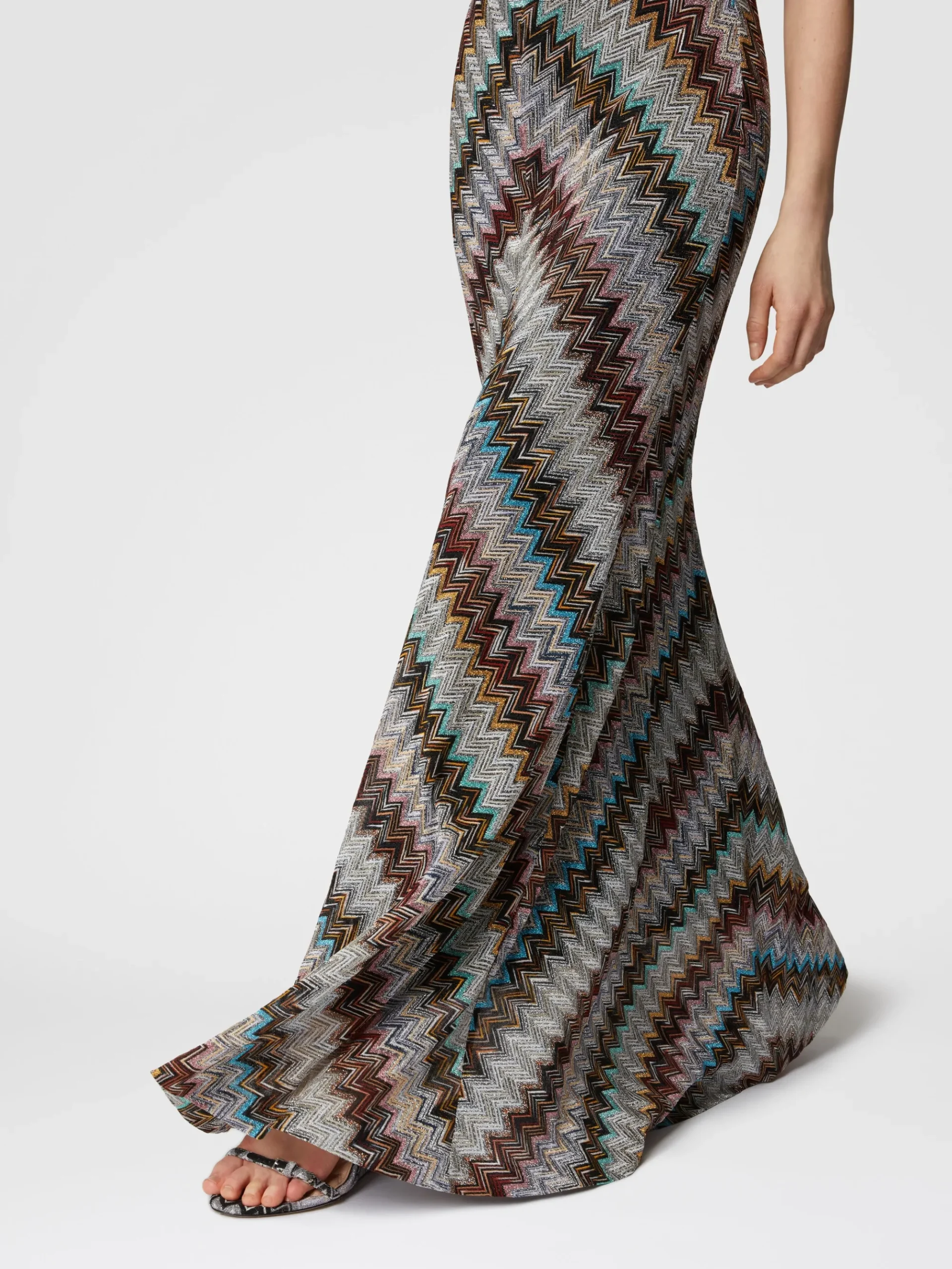 Long flared skirt with lamé slub zigzag motif