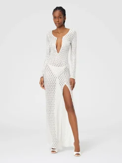 Long lace-effect dress with V neckline and appliqués