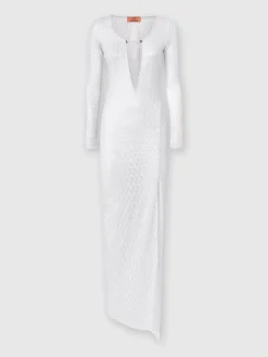 Long lace-effect dress with V neckline and appliqués