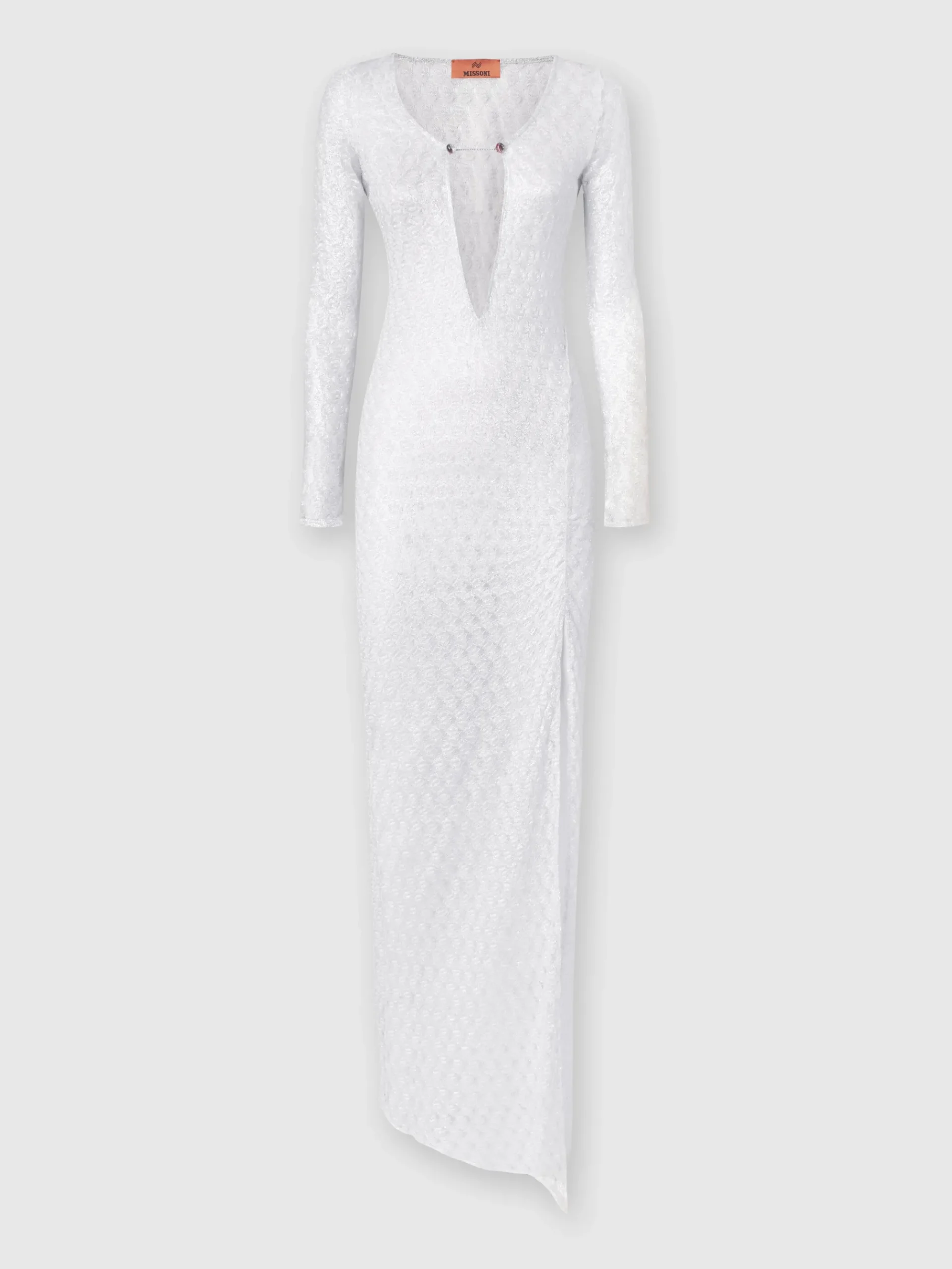 Long lace-effect dress with V neckline and appliqués