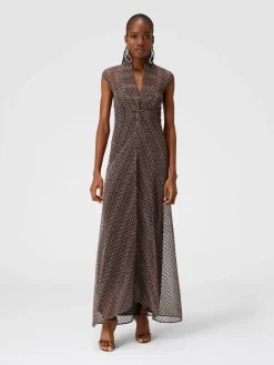 Long lamé lace dress with torchon neckline