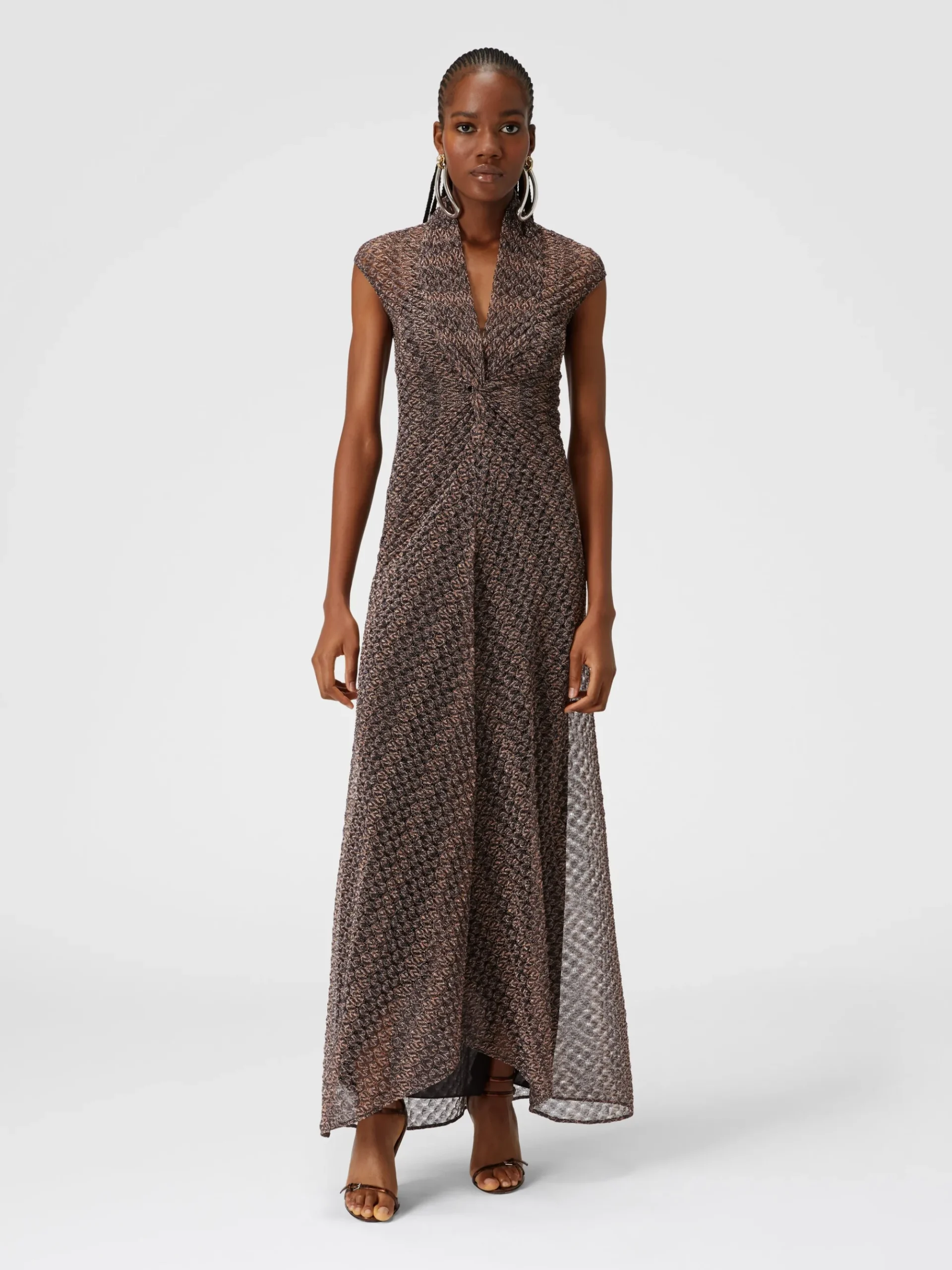 Long lamé lace dress with torchon neckline