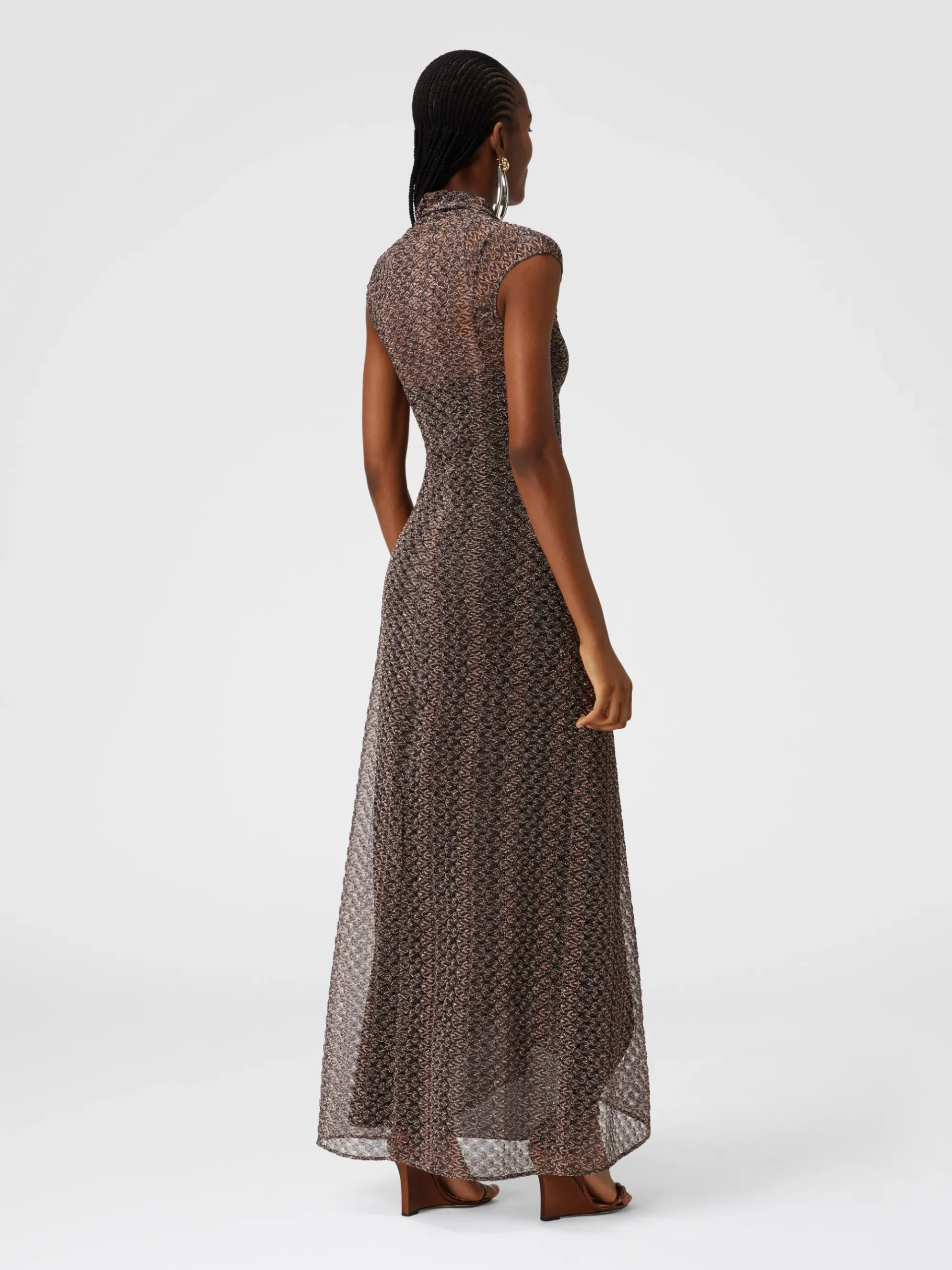 Long lamé lace dress with torchon neckline