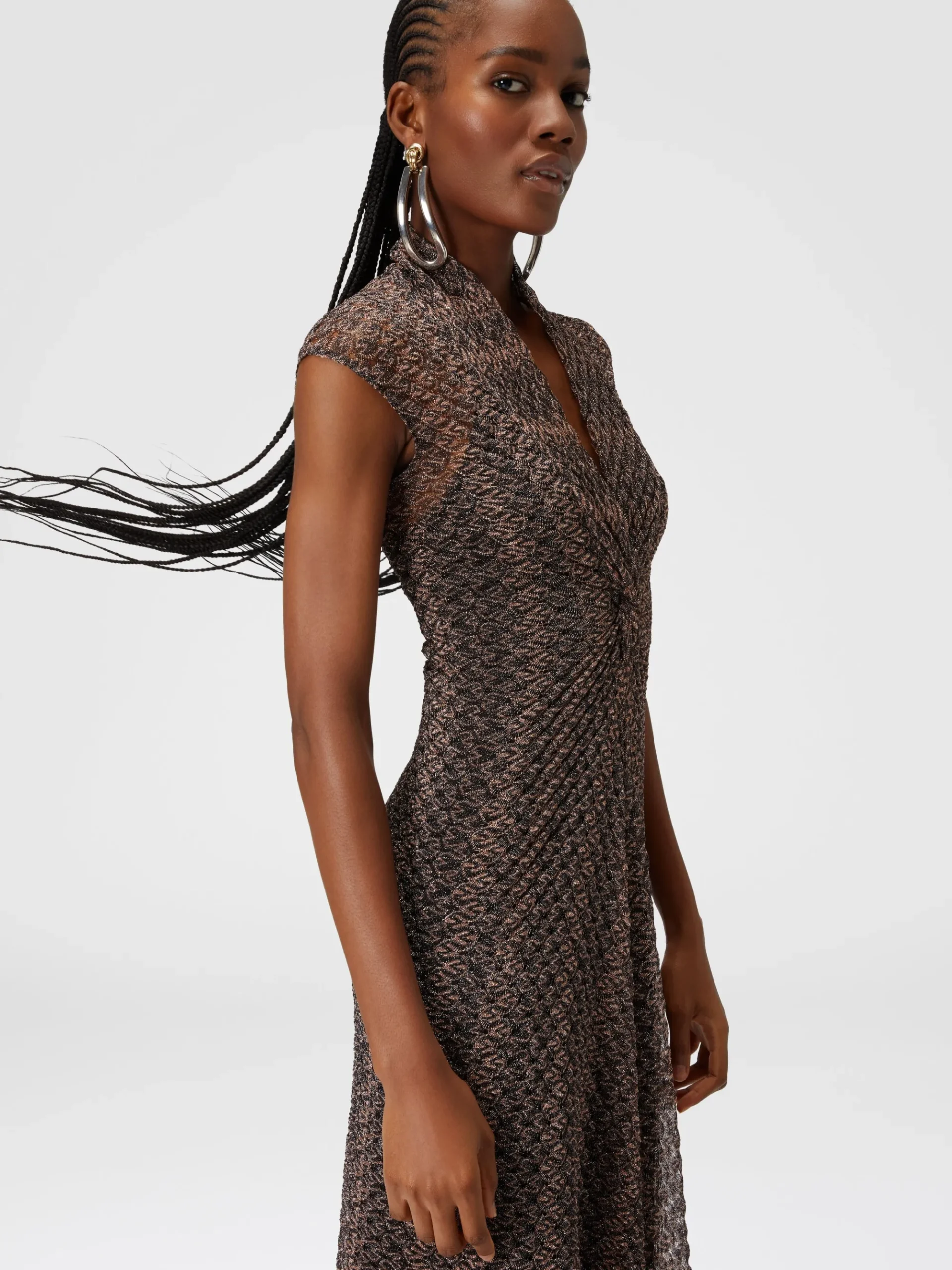 Long lamé lace dress with torchon neckline