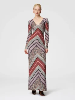 Long lamé slub dress with plunging V-neckline