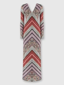 Long lamé slub dress with plunging V-neckline