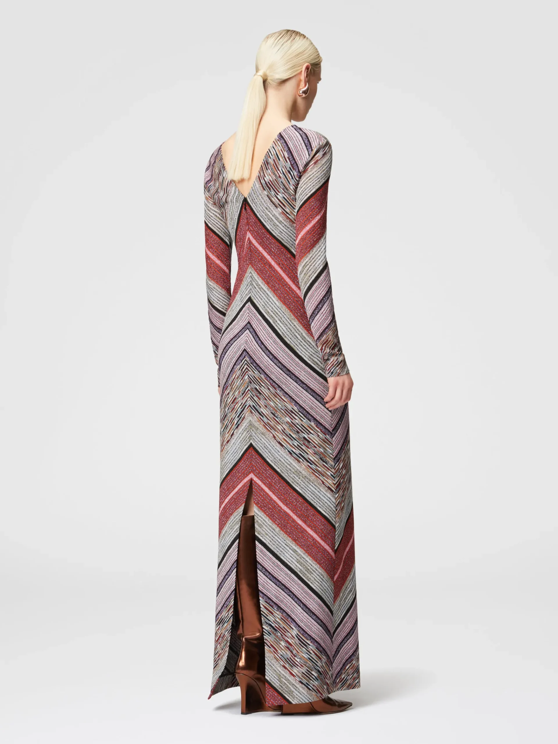 Long lamé slub dress with plunging V-neckline