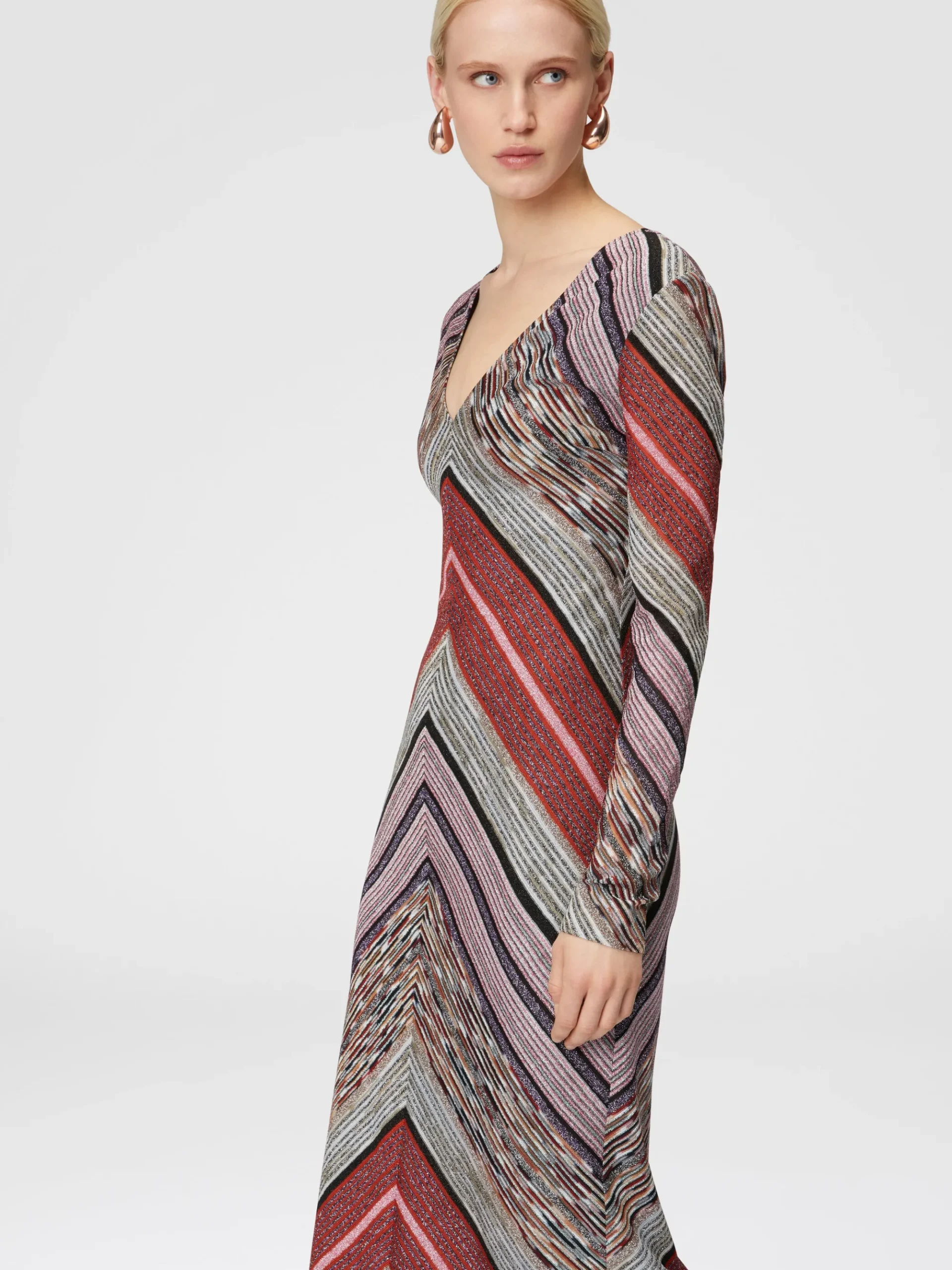 Long lamé slub dress with plunging V-neckline