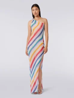 Long one-shoulder cover up with zigzag print