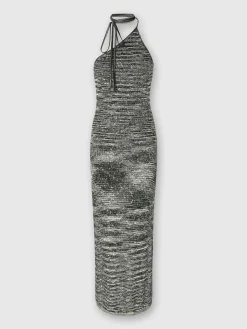 Long one-shoulder dress in slub knit with sequins