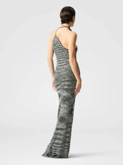 Long one-shoulder dress in slub knit with sequins