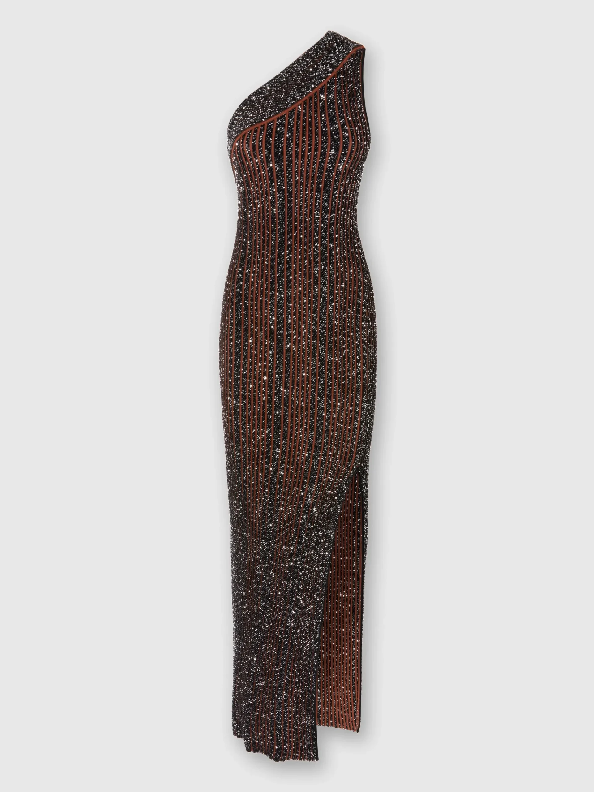 Long one-shoulder ribbed dress with sequins and slit