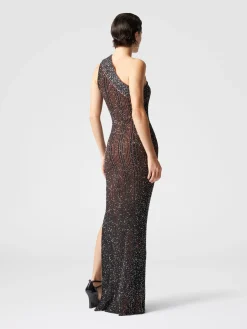 Long one-shoulder ribbed dress with sequins and slit