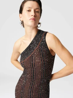 Long one-shoulder ribbed dress with sequins and slit