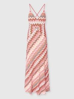 Long patchwork dress with zig zag pattern and crossed straps
