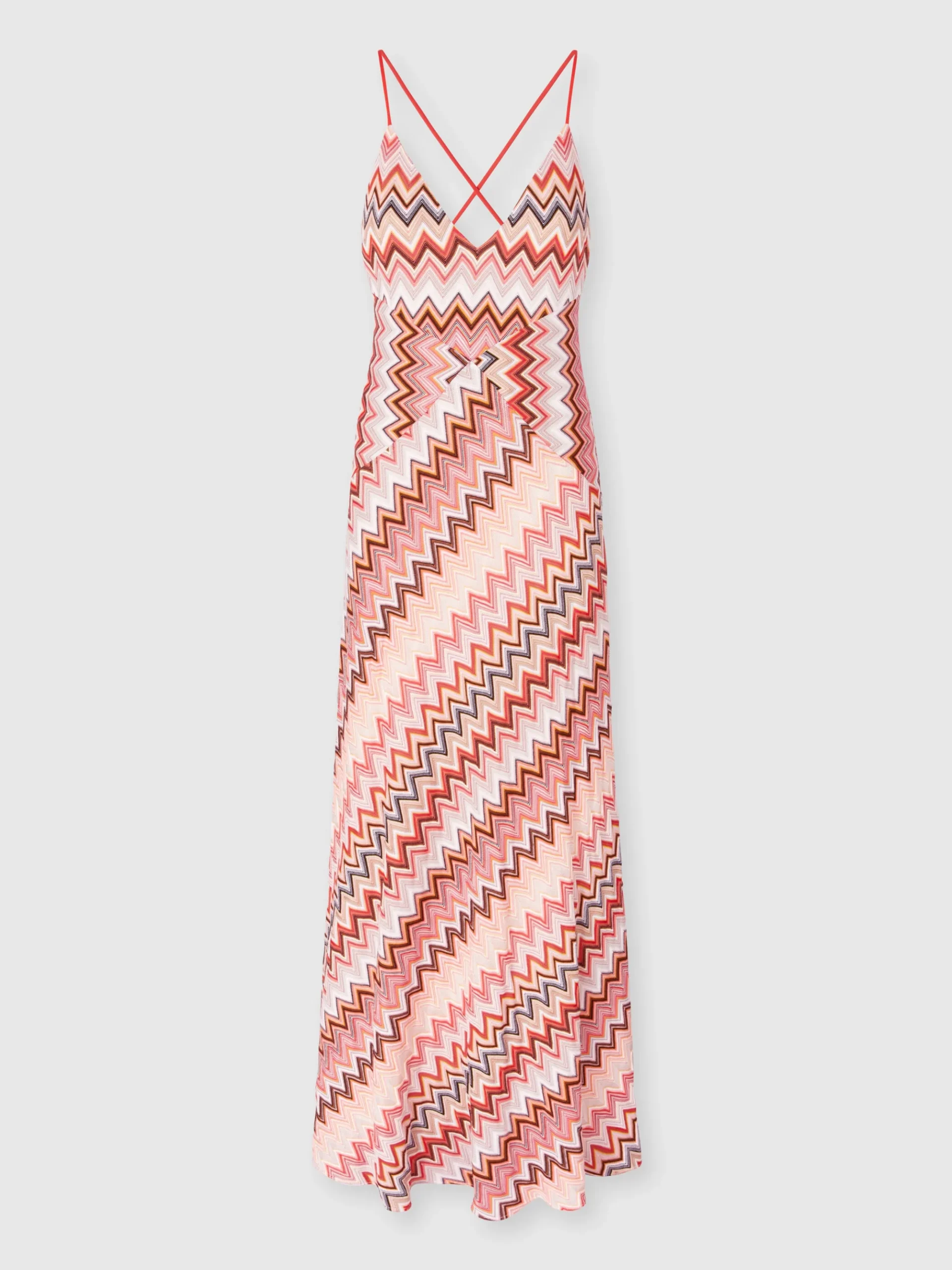 Long patchwork dress with zig zag pattern and crossed straps