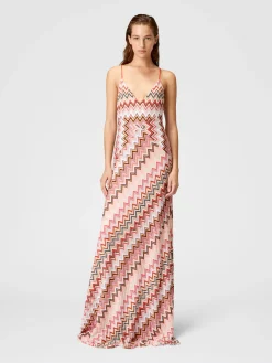 Long patchwork dress with zig zag pattern and crossed straps