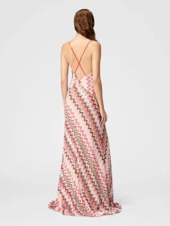 Long patchwork dress with zig zag pattern and crossed straps