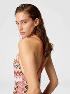 Long patchwork dress with zig zag pattern and crossed straps