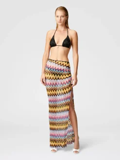 Long skirt in lamé viscose lace with gathers
