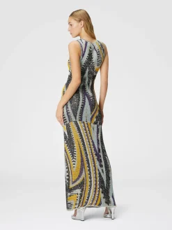 Long sleeveless dress in viscose blend zig zag lamé