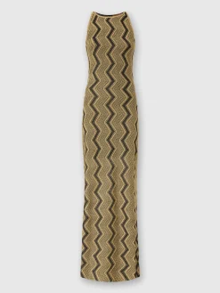 Long sleeveless dress with zigzag lamé pattern