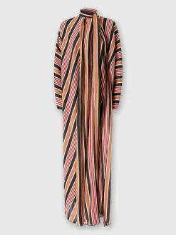 Long striped cotton and viscose dress with knotted collar