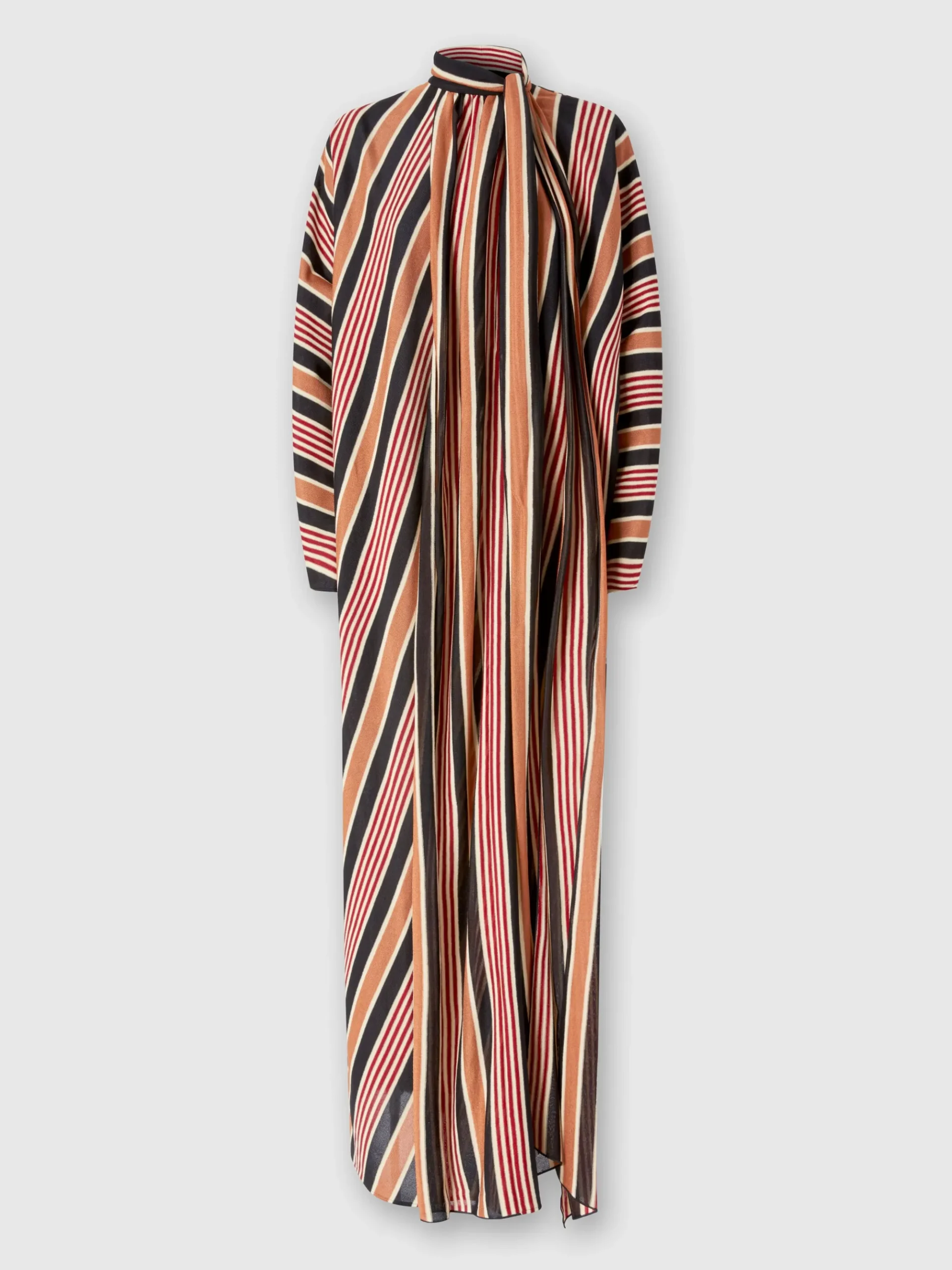 Long striped cotton and viscose dress with knotted collar