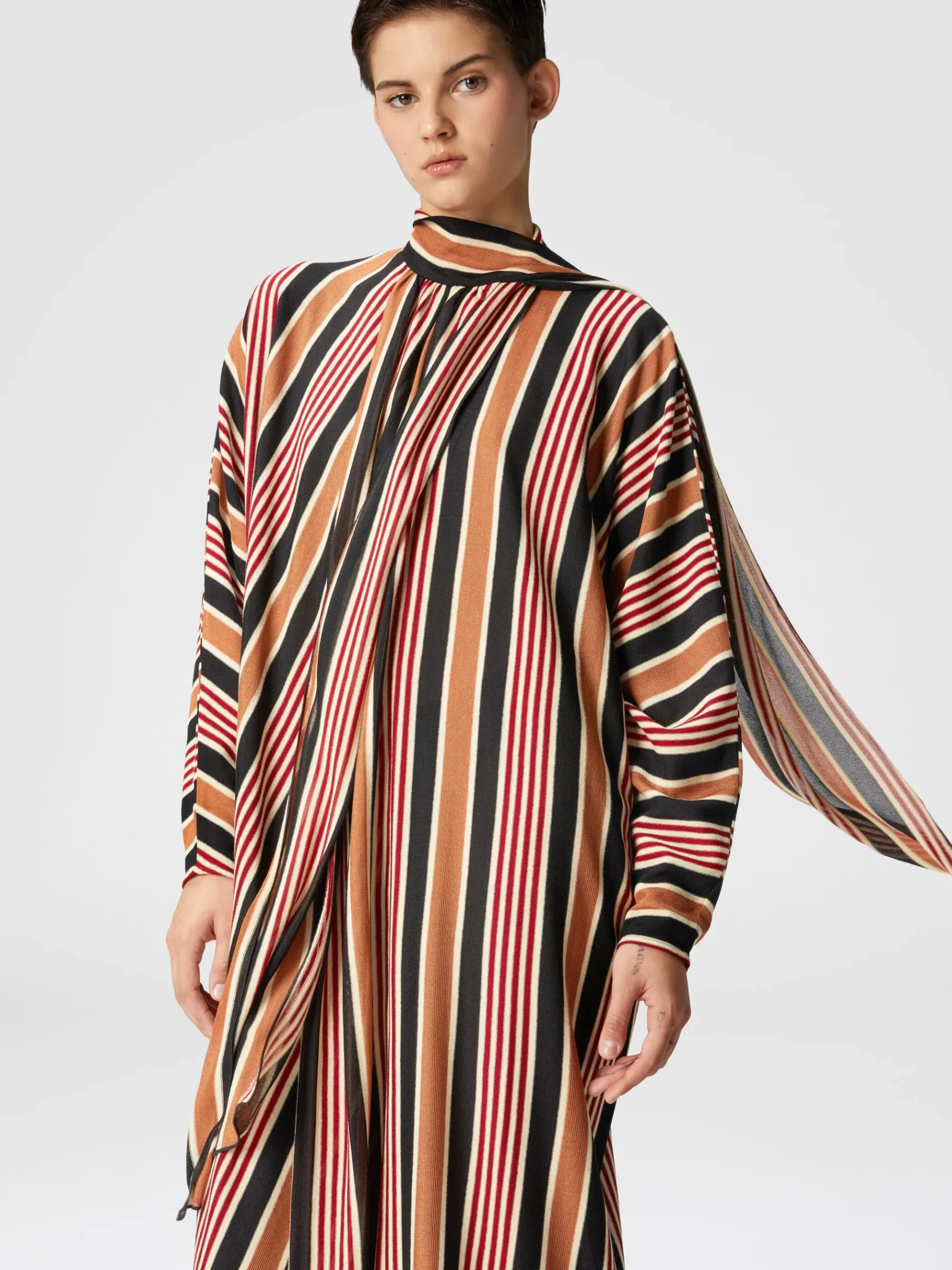 Long striped cotton and viscose dress with knotted collar