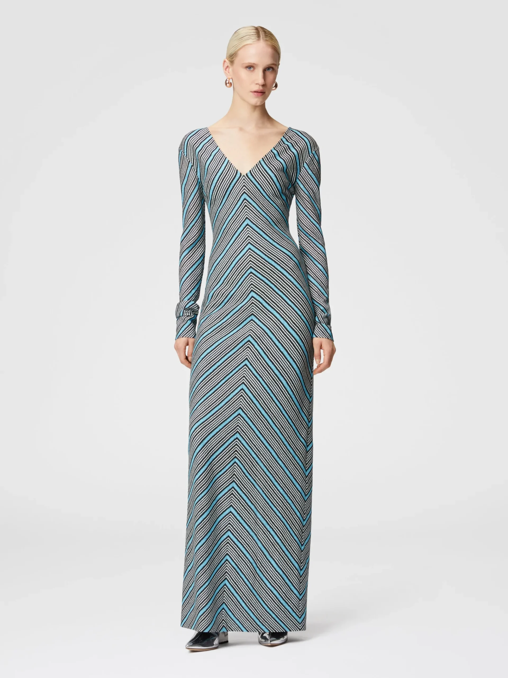 Long striped dress with plunging V-neckline