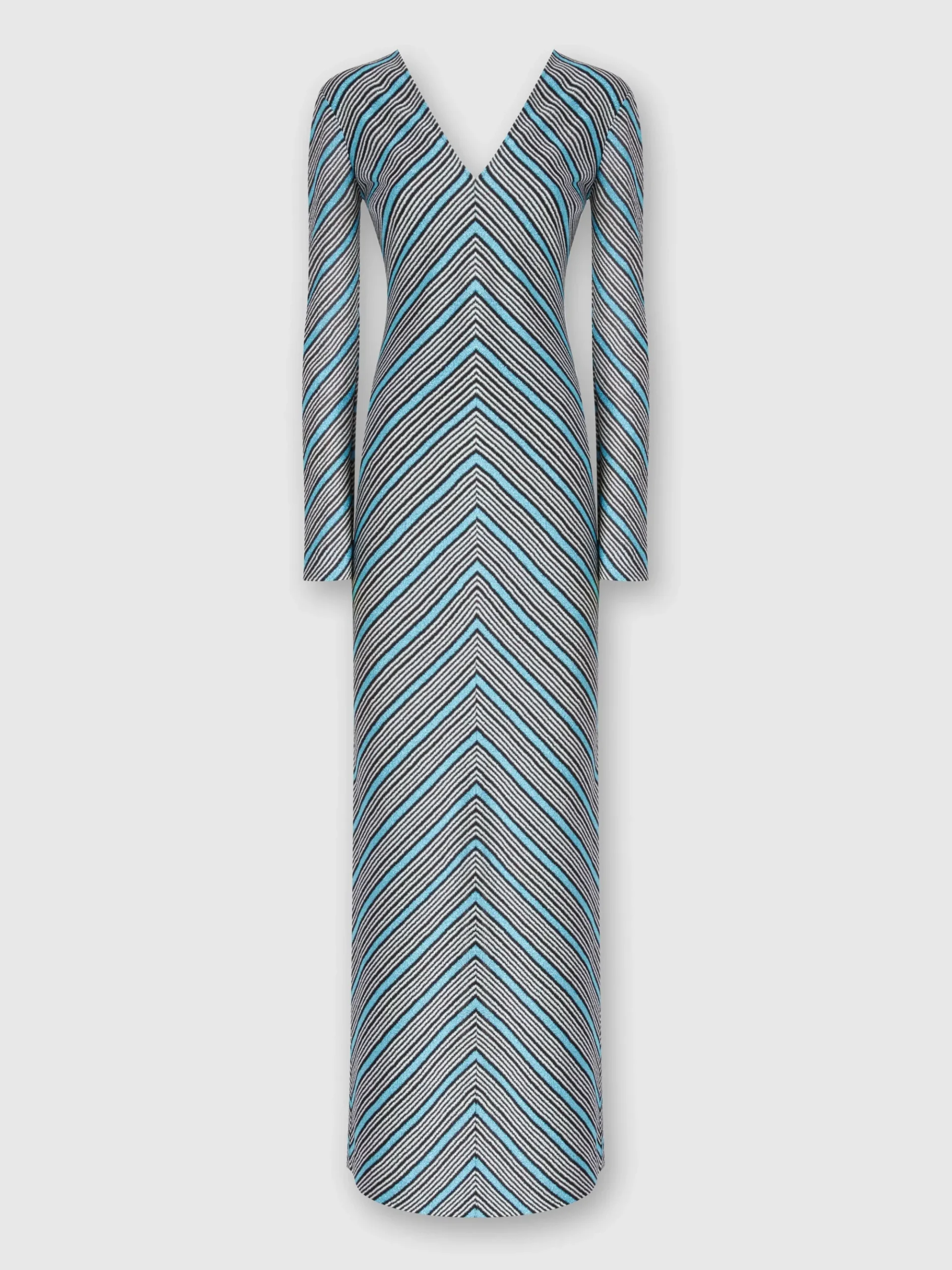 Long striped dress with plunging V-neckline