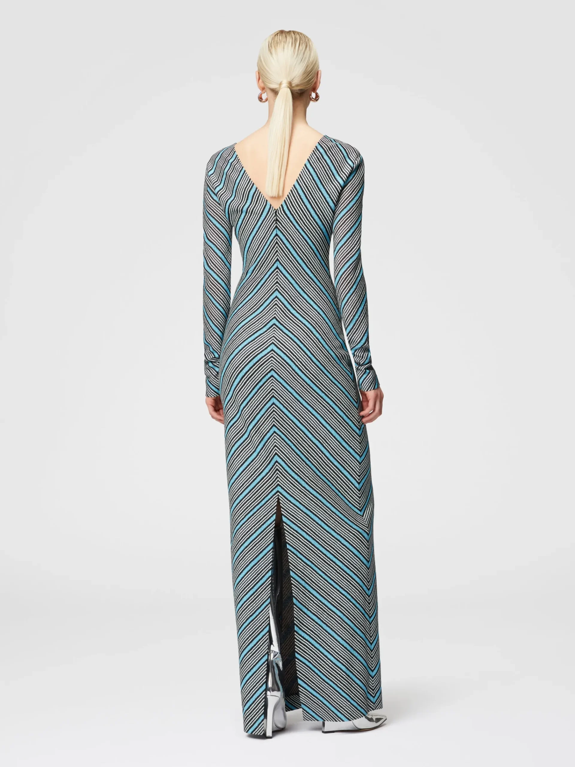 Long striped dress with plunging V-neckline