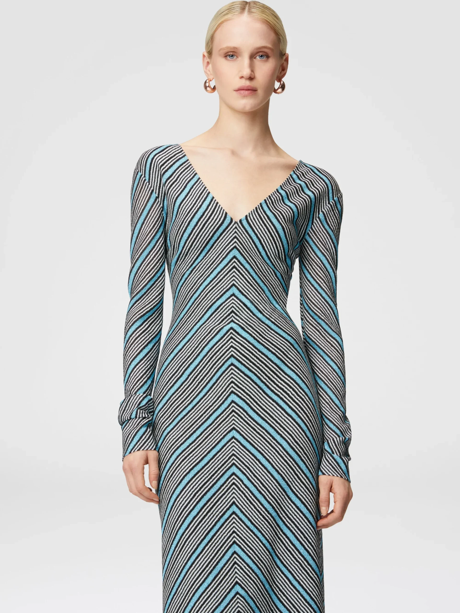 Long striped dress with plunging V-neckline
