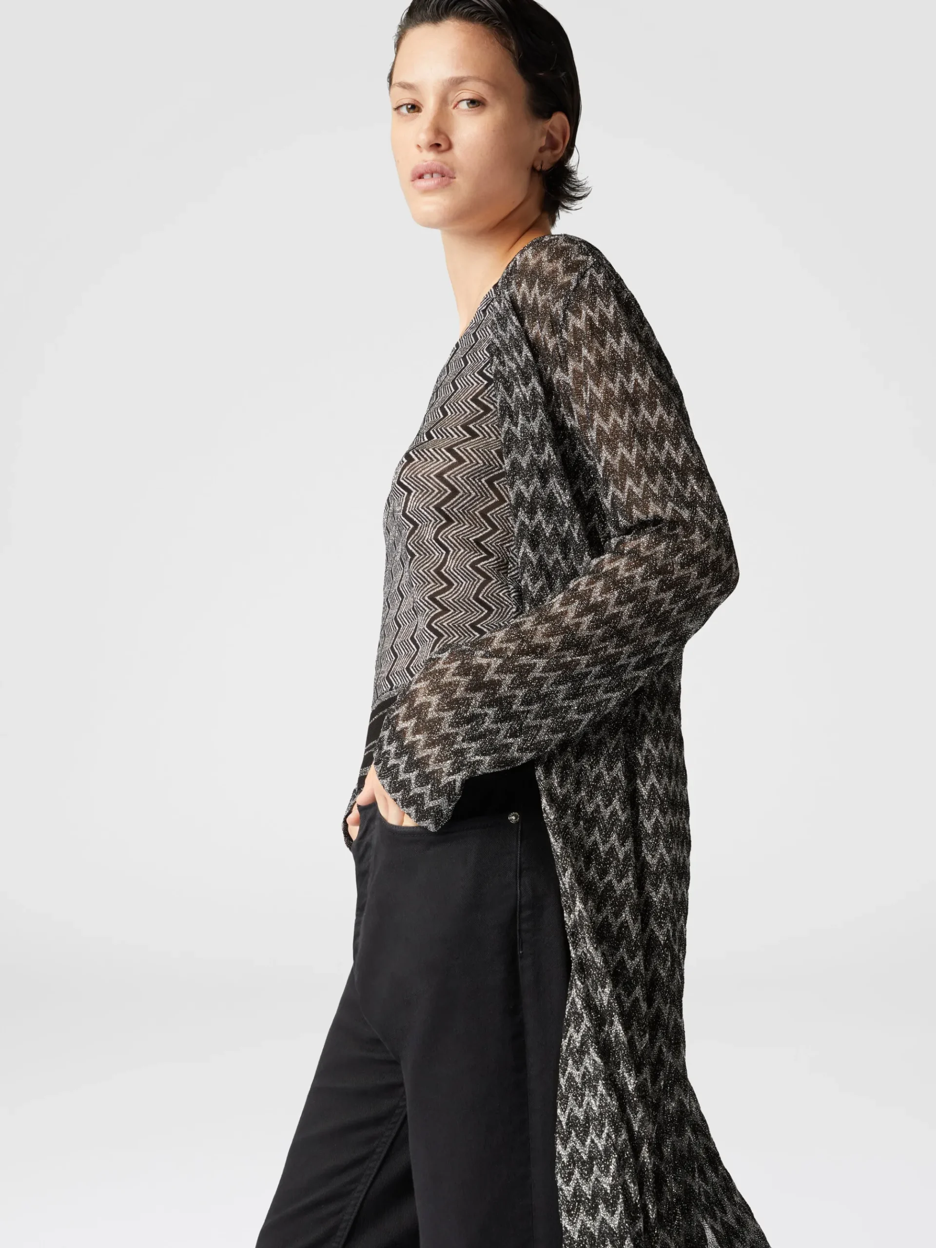 Long tone-on-tone zigzag viscose-blend cardigan