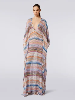 Long V-neck cover-up kaftan with lurex