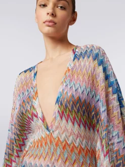 Long V-neck cover-up kaftan with lurex