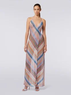 Long wrap-around cover-up with chevron pattern and lurex