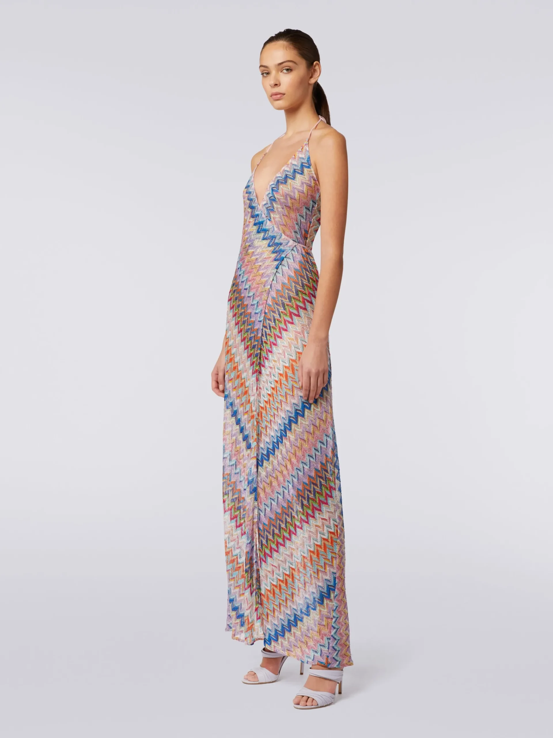 Long wrap-around cover-up with chevron pattern and lurex